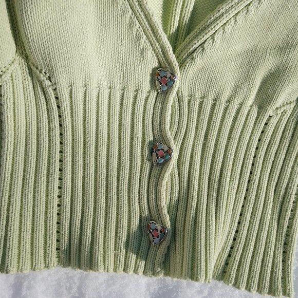 SOFT Lime Green PARKHURST Cotton 3 Button Cardigan Small Pretties Heart … - Picture 7 of 7